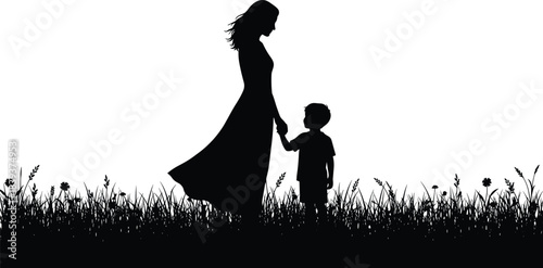 Silhouette of adult and child holding hands in grassy field, symbolizing care, connection, and generational guidance in nature