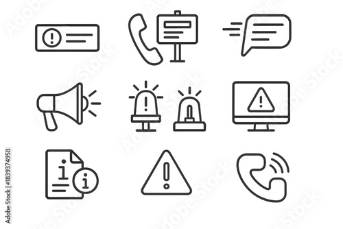 Emergency Communication Icons. Crisis Messaging Tools linear set: alert banner, emergency handset, notice board, rapid text icon, speaker megaphone, visual signal panel, coded