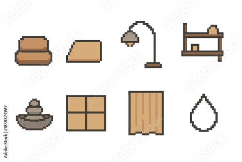 Mindful Interior Icons. Mindful Interior Layout pixel style set: centered cushion, smooth floor mat, diffused lamp arc, simple shelf, grounding stone bowl, open space tile, gentle