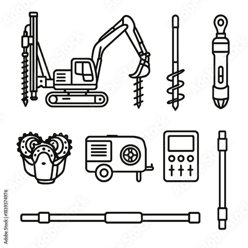 Excavation Equipment Icons. Excavation and drilling systems set linear set: rotary drill rig, excavator arm, auger bit, core sampler, drill head, compressor unit, control panel,