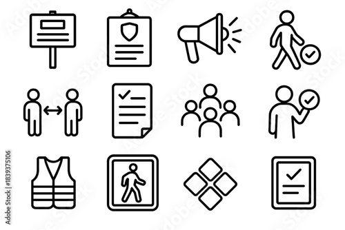 Safety Awareness Icons. Public Safety Awareness linear set: info board icon, safety poster, alert megaphone, hazard-free path marker, respectful distance symbol, shared guidelines