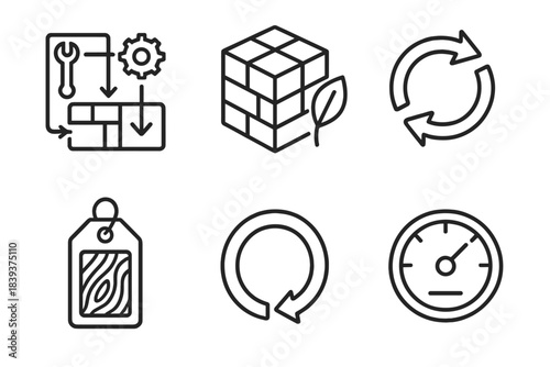 Regenerative Design Icons. Regenerative Design for Reuse linear set: component recovery map, low-waste assembly block, reversible connection icon, reclaimed material tag,