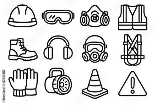 Safety Gear Icons. Construction & Mining Protection Gear linear set: helmet gear, safety eyewear, filtered respirator, reflective vest, sturdy boots, ear defenders, dust shield,