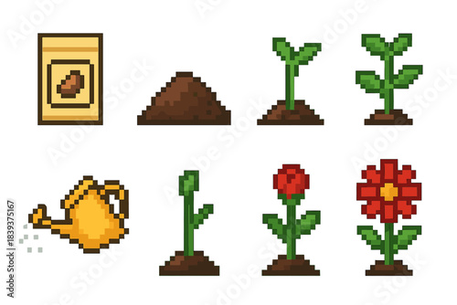 Seed to Bloom Icons. Growth stages from seed to bloom set set of icons in flat pixel vector style: seed packet, soil mound, sprouting seed, young seedling, small watering can,