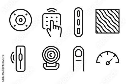 Tactile Interface Icons. Tactile interface components linear set: micro-actuator disk, touch feedback panel, force sensor strip, dynamic texture tile, haptic slider, response coil,