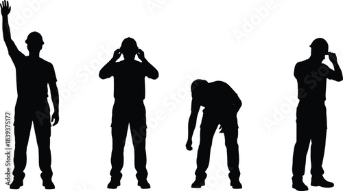 Silhouettes of construction workers in hard hats showing various gestures and postures, representing safety, communication, and labor roles