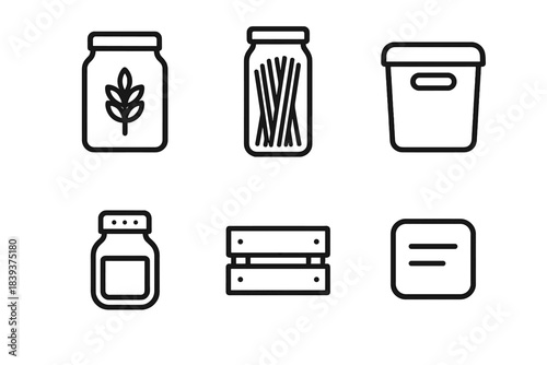 Kitchen Storage Icons. Pantry Storage Vessels linear set: grain canister, pasta jar, modular bin, spice jar, storage crate, content label icon.