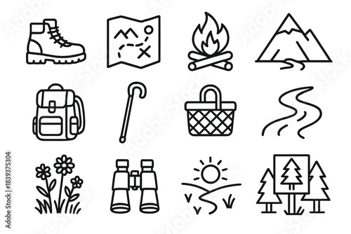 Outdoor Adventure Icons. Nature Recreation linear set: hiking boots, trail map, campfire icon, mountain peak, backpack, walking stick, picnic basket, river path, wildflower patch,