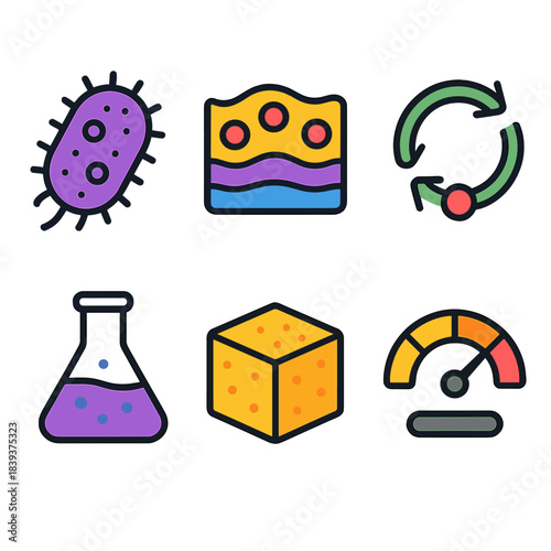 Microbial Engineering Icons. Microbial Material Engineering flat set: engineered microbe cell, biofilm layer, metabolic pathway loop, culture flask, biomaterial block, growth rate
