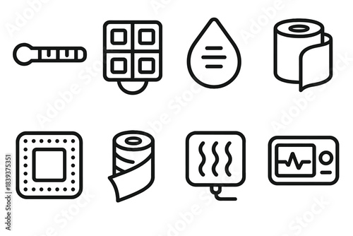 Health Care Tools. Daily health care tools linear set: thermometer strip, pill dispenser, hydration reminder device, bandage roll, wound care pad, compression wrap, heating pad,