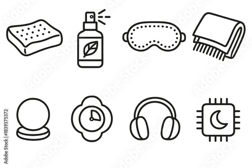 Nighttime Comfort Icons. Nighttime comfort aids linear set: gel pillow, scented mist bottle, breathable sleep mask, cozy throw, dim light orb, relaxation timer, soft ear covers,