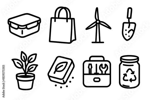 Sustainable Icon Set. Sustainable lifestyle items linear set: reusable container, fabric shopping bag, wind turbine icon, compost scoop, indoor plant, eco soap bar, repair toolkit,