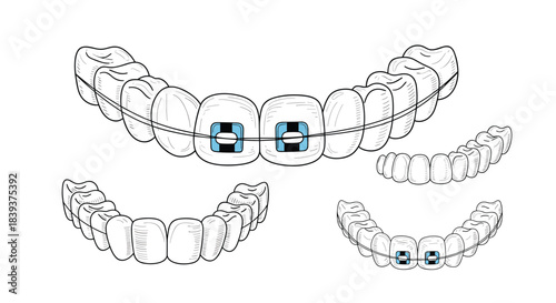 Set of dental illustrations showing teeth alignment with traditional metal braces clear aligners and retainers for orthodontics.