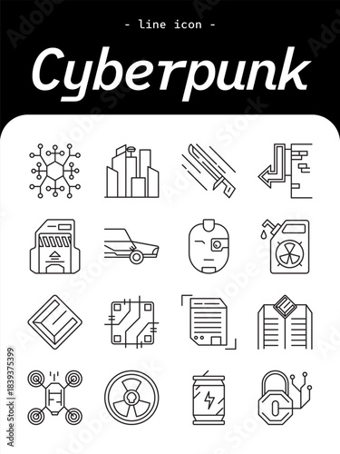 Cyberpunk thin line icon set. Futuristic tech, neon city, sci-fi dystopia outline icons.