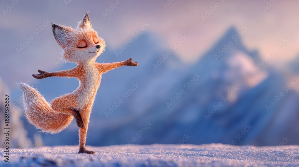 Naklejka premium Cute cartoon fox practicing tree yoga pose on snow with copy space for kids wellness banner