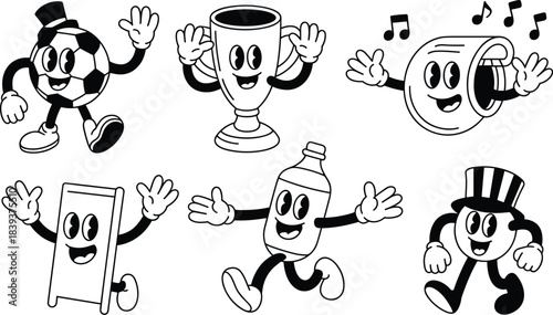 Vintage Cartoon Music and Object Mascot Characters Microphone Trophy Spray Can and Dancing Icons