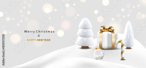 Merry Christmas card. Realistic winter landscape with 3d glass ball, trees and gift. Decoration ornaments on snow. Holiday vector X-mas design with bokeh background.