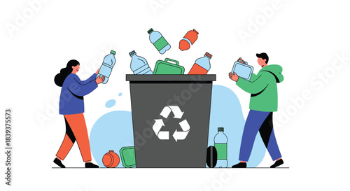 Man and woman sorting plastic waste by putting empty bottles and containers into a large grey recycling bin illustration.