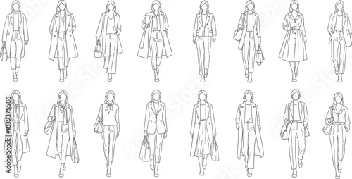 Vector Line Art Drawing of Female Fashion Models Walking on Runway, Women in Stylish Business Outfits, Clothing, Mannequin, Fashion Week.