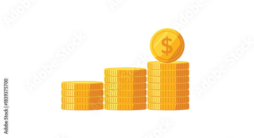 Three stacks of golden dollar coins in increasing height representing financial growth investment savings or wealth concept.