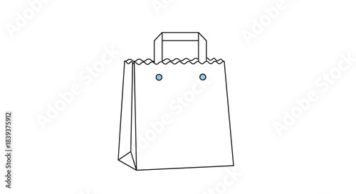 Simple line art illustration of a white paper shopping bag with handles and two blue circles on the front design.