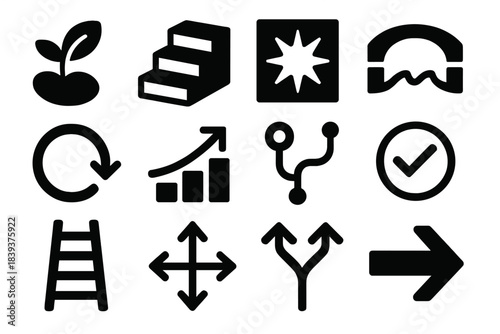 Knowledge Growth Icons. Knowledge Growth Tracks silhouette set: concept seed icon, layered learning steps, insight spark tile, bridge-to-application bar, structured review loop,