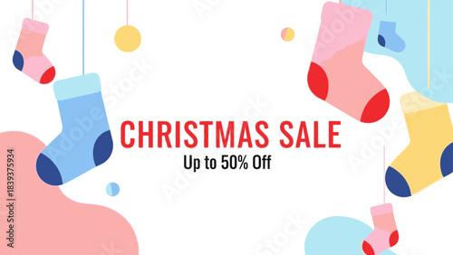 Vibrant Christmas sale banner with colorful hanging socks and festive decorations, perfect for promoting winter holiday discounts and promotions