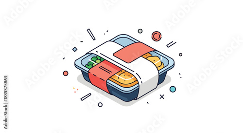 Isometric illustration of a pre-packaged meal in a plastic container ready for takeout or food delivery service.