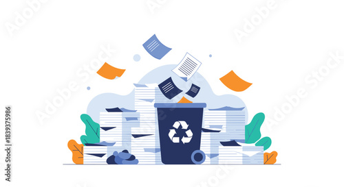 Concept of paper recycling with documents being thrown into a blue bin surrounded by large stacks of used paper.