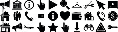 Collection of black silhouette icons representing technology communication and everyday objects silhouette