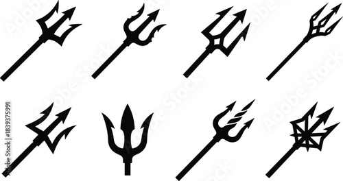 Vector Set of Ancient Mythology Trident Silhouettes, Including Poseidon and Devil Styles, Representing God of the Sea, Power, and Historical Weaponry Icons.