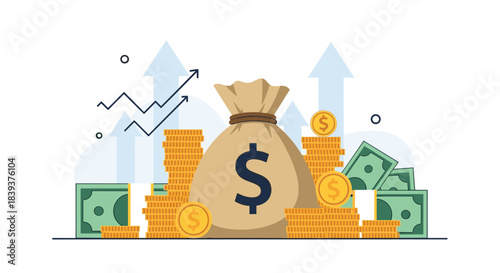 Financial growth and investment concept with a large money bag surrounded by stacks of gold coins and paper currency.