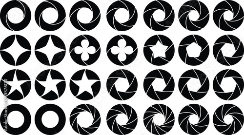 Vector Set of Camera Lens Apertures and Iris Diaphragms with Various Blade Counts and Shapes, Illustrating Photography Shutter Mechanisms and F-Stop Adjustment.