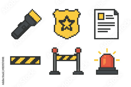 Security Icon Set. Security Response pixel style set: flashlight, patrol badge, report document, caution tape, barrier post, alert signal.