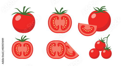Set of fresh red tomatoes including whole fruit half slices and cherry tomatoes on the vine for healthy eating.