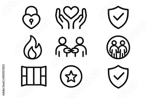Secure Connection Icons. Secure Connection linear set: lock-heart symbol, protective hands, reliable path, trust shield, calm flame, linked figures, supportive circle, open window