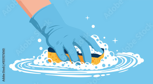 Hand in a blue rubber glove cleaning a surface with a yellow sponge creating soap bubbles and ripples in water.