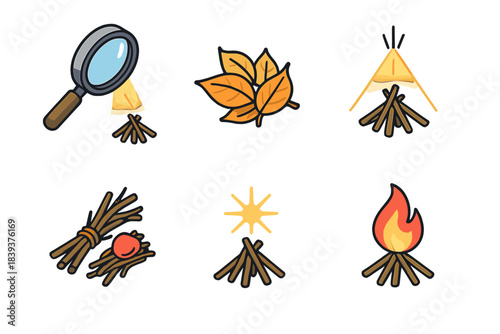 Survival Fire Tools. Survival Fire Methods isometric flat set: magnifying lens, dry leaves, sunbeam focus, ember cradle, ignition spark, steady flame.