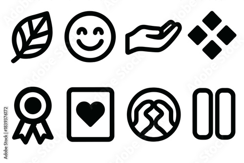 Bold Gratitude Icons. Appreciation-Focused Set silhouette set: gratitude leaf, mindful smile symbol, giving-hand icon, simple blessings tile, acknowledgment ribbon, daily gratitude