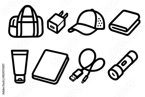 Minimalist Travel Icons. Minimal Travel Kit linear set: foldable bag, tiny charger, breathable cap, micro blanket, small toiletry tube, slim notebook, light cord, pocket torch.