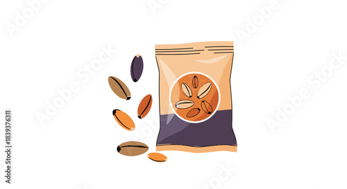 Illustration of a bag of coffee beans with a clear window and several loose beans scattered around it.