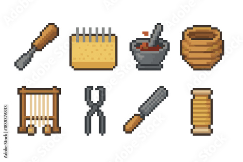 Artisan Tools Icons. Studio Artisan Skills set of icons in flat pixel vector style: carving gouge, felt-making mat, pigment grinder, coil pot ring, warp-weight loom piece, metal