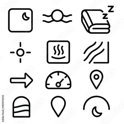 Restful Icon Symmetry. Restorative Sleep Environments linear set: low-glow tile, soft-breath node, heavy quilt bar, quiet-tone ring, relaxation dot, warm-scent patch, deep-calm