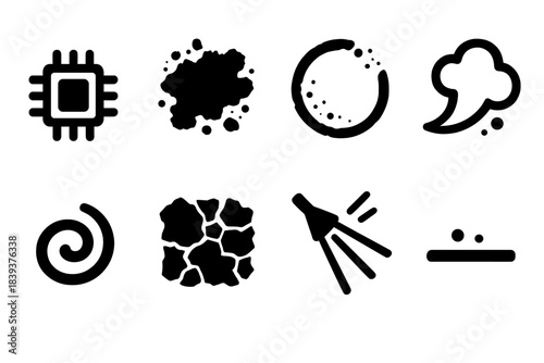 Brutalist Waste Icons. Sub-Microscopic Waste Signals silhouette set: micro-mote icon, trace-smudge field, faint debris ring, subvisible pollutant puff, tiny residue curl,