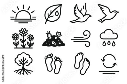 Nature Icons Collection. Living in Ecological Rhythm linear set: sunrise arc, dew-covered leaf, flowing stream icon, bird in flight, wildflower patch, compost-rich soil, wind sweep