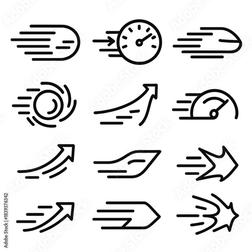 Dynamic Speed Icons. Speed Dynamics linear set: motion streak lines, fast arrow, velocity gauge, streamlined shape, rapid spin icon, momentum curve, acceleration arrow, friction