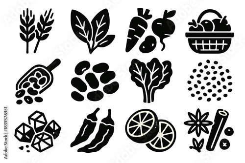 Bold Raw Ingredients Icons. Raw Ingredient Handling silhouette set: whole grains, fresh herbs, root vegetables, fruit basket, nuts scoop, raw beans, leafy greens bundle, spice