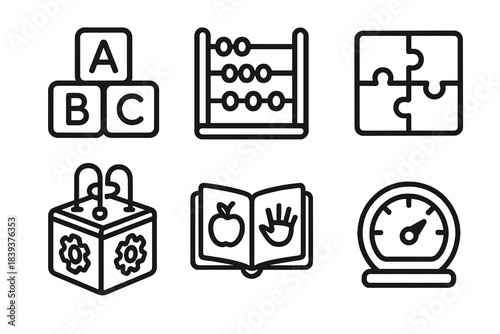 Educational Toys Icons. Educational Toys Collection linear set: alphabet blocks, counting beads, learning puzzle, activity cube, interactive book, skill meter.