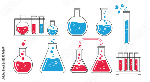 Set of chemistry lab equipment including beakers flasks test tubes and droppers with colorful bubbling liquids.