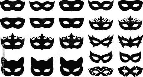 Vector Set of Elegant Masquerade and Carnival Masks, Including Venetian, Cat, and Superhero Styles, Ideal for Costume Parties, Mystery, and Event Graphics.